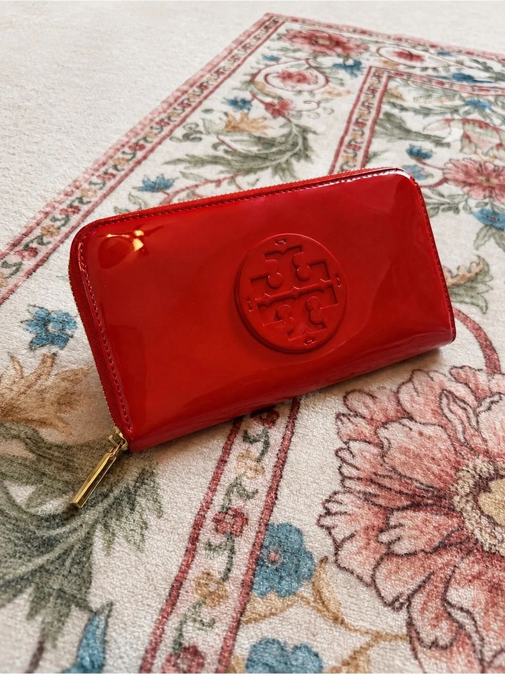 Tory Burch Glossy Red Patent Zip Wallet with Logo